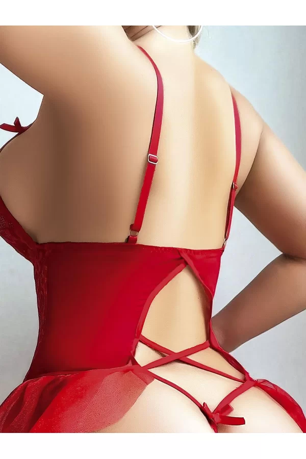 Kırmızı Dantel Detaylı Önü Dekolteli Fantezi Babydoll