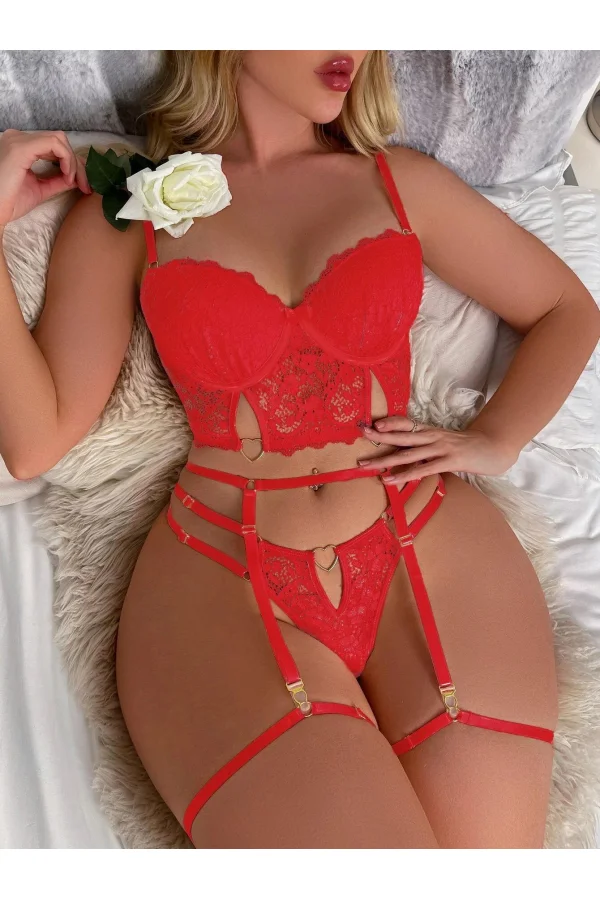 Kırmızı Dantelli Jartiyer Fantezi Seksi Büstiyer Takımı