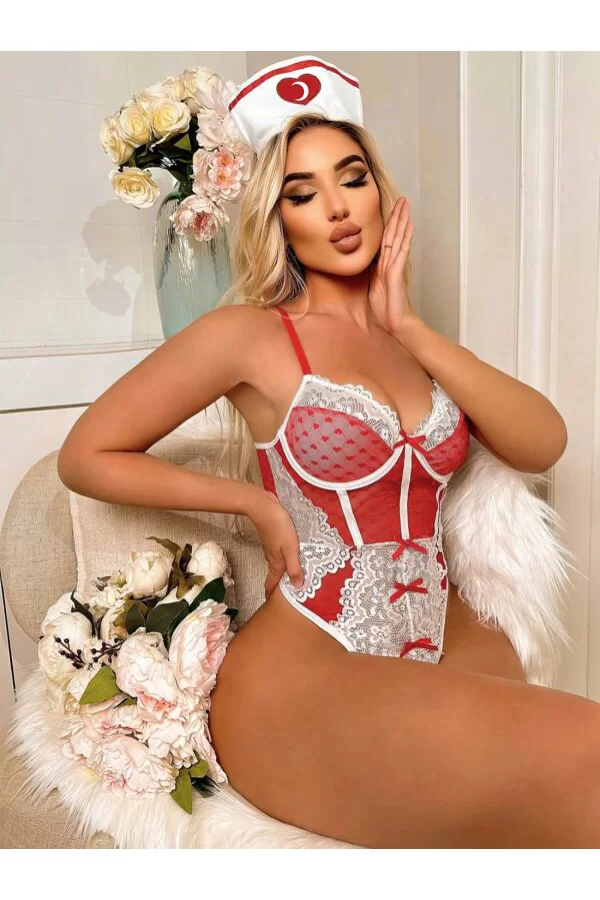 Kırmızı Fantezi Body Hemşire Kostümü