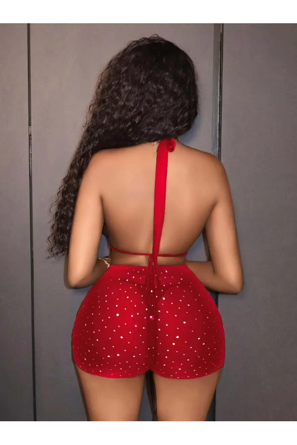Kırmızı Parlak Dekolteli Fantezi Clup Elbisesi 6674