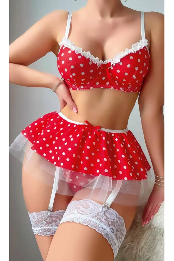 Kırmızı Puantiye Etekli Kadın Fantazi Seksi Kostüm 2082