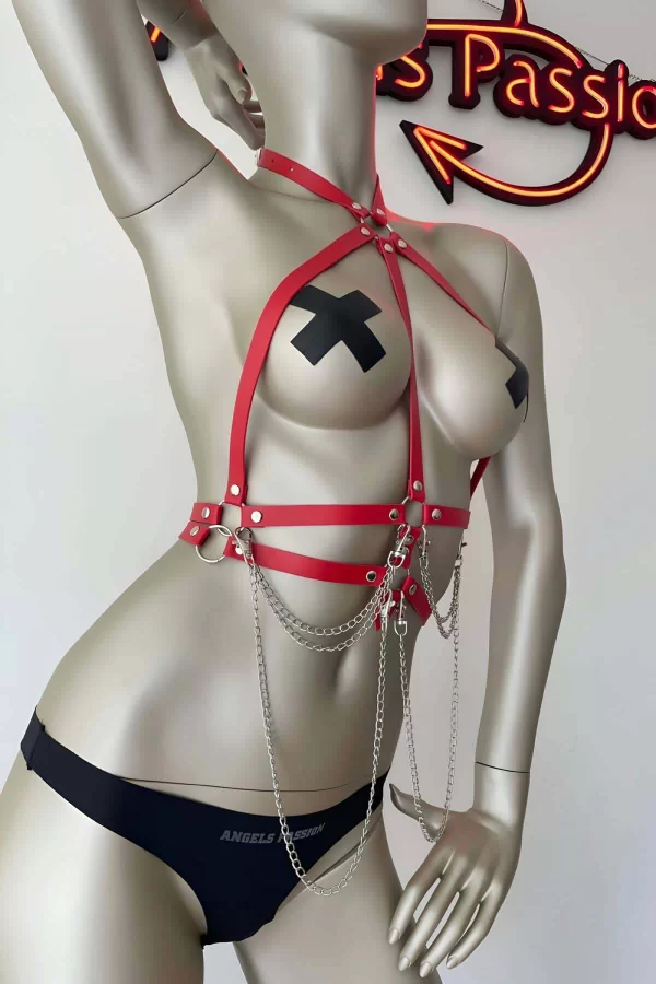 Kırmızı Ve Zincir Detaylı Şık Deri Harness - Brf3