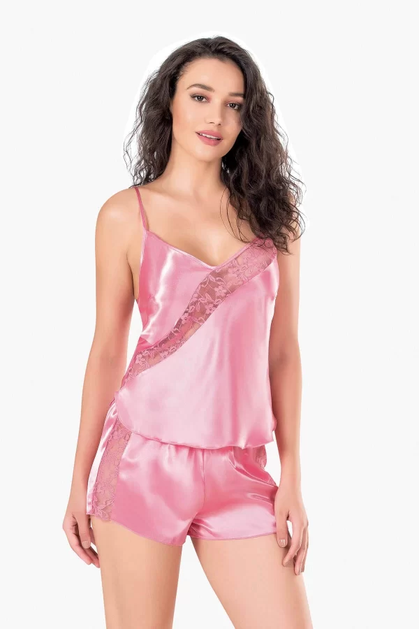 Koyu Pembe Saten Babydoll Şort Takımı