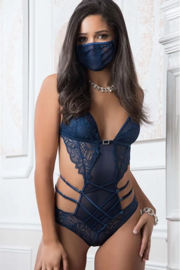 Lacivert Dantel İşlemeli Maskeli Fantezi Body