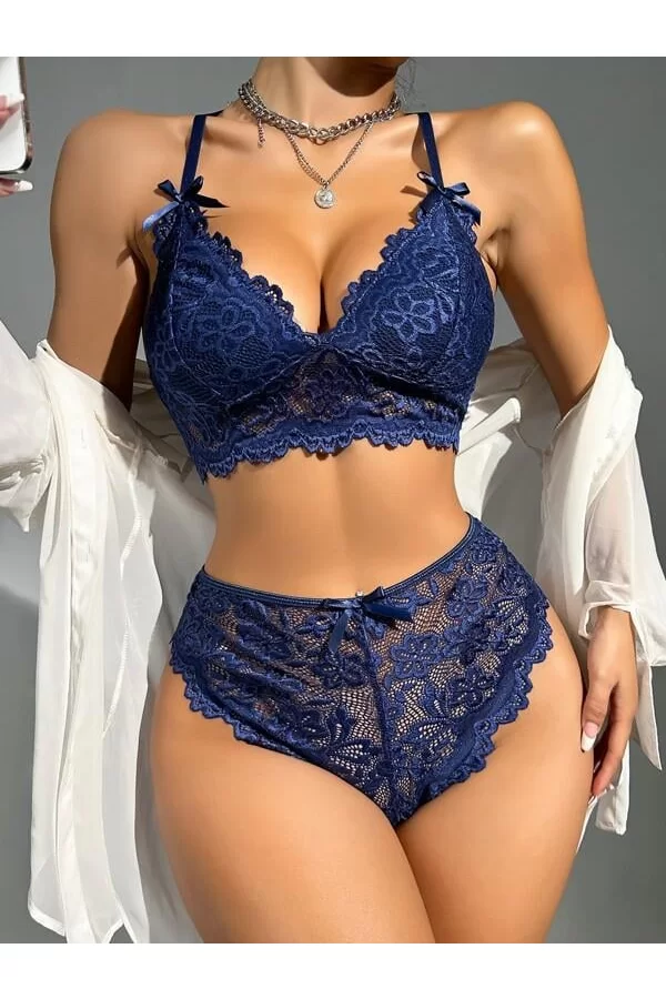 Lacivert Dantelli Fantezi Bralet Sütyen Takımı