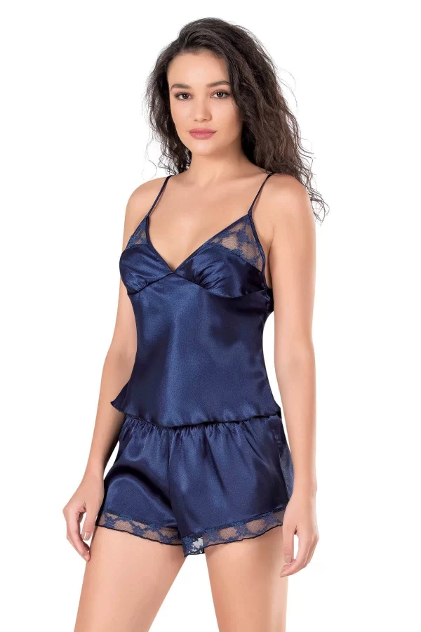 Lacivert Saten Babydoll Şort Takımı