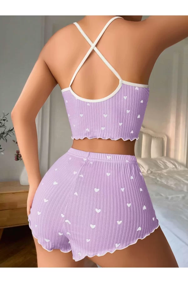 Lila Üstüne Beyaz Kalp Desenli Askılı Şortlu Pijama Takımı