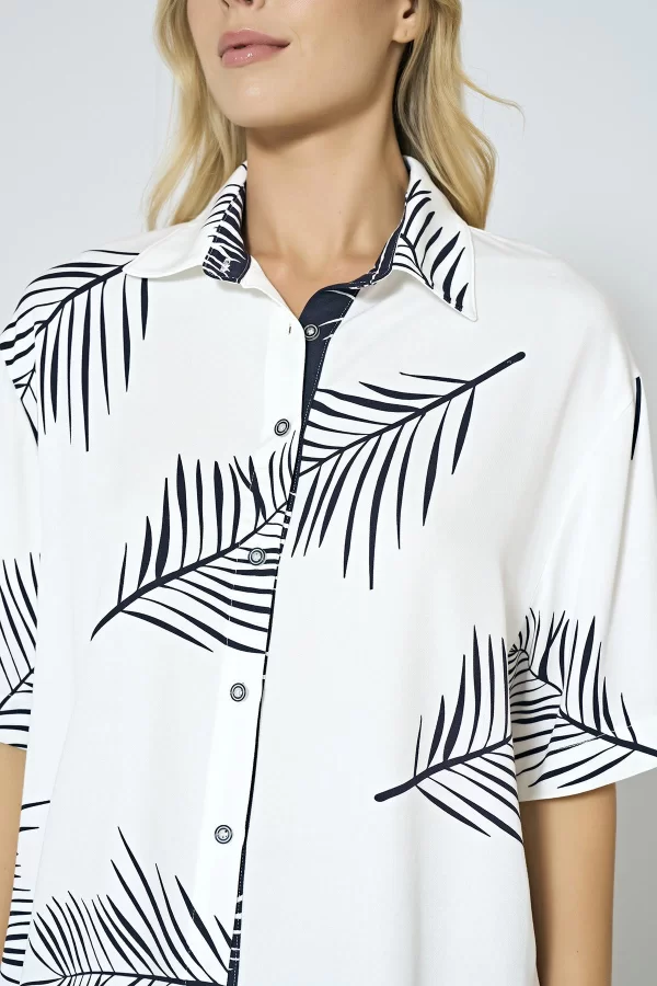 Luz&Pos Arias Closet %100 Viskon Dokuma Lacivert Yaprak Desenli Önden Düğmeli Pijama Takımı