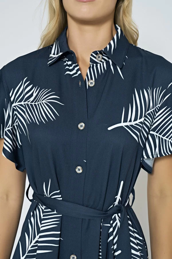 Luz&Pos Arias Closet %100 Viskon Dokuma Lacivert Yaprak Desenli Önden Düğmeli Uzun Elbise