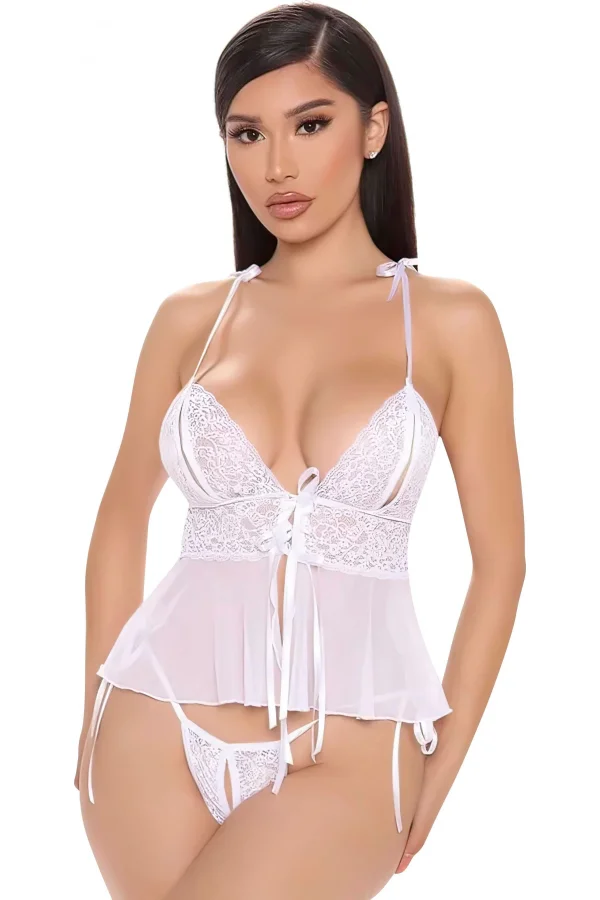 Luz&Pos Arias Closet Beyaz Özel Bölgesi Açık İp Detaylı Büstiyer Fantezi Takım