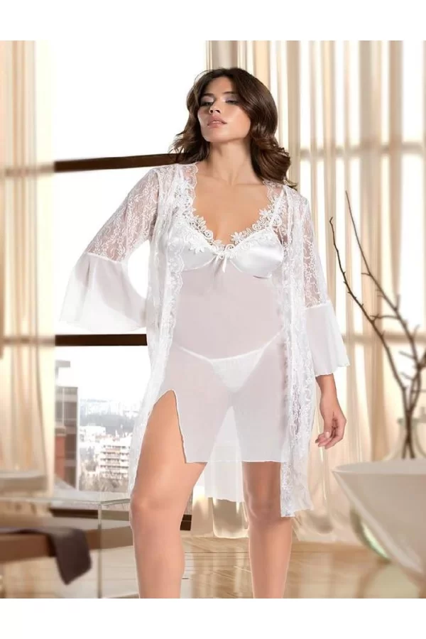 Luz&Pos Arias Closet Beyaz Transparan Dantel İşlemeli Tül Yırtmaçlı 2li Gecelik Takımı