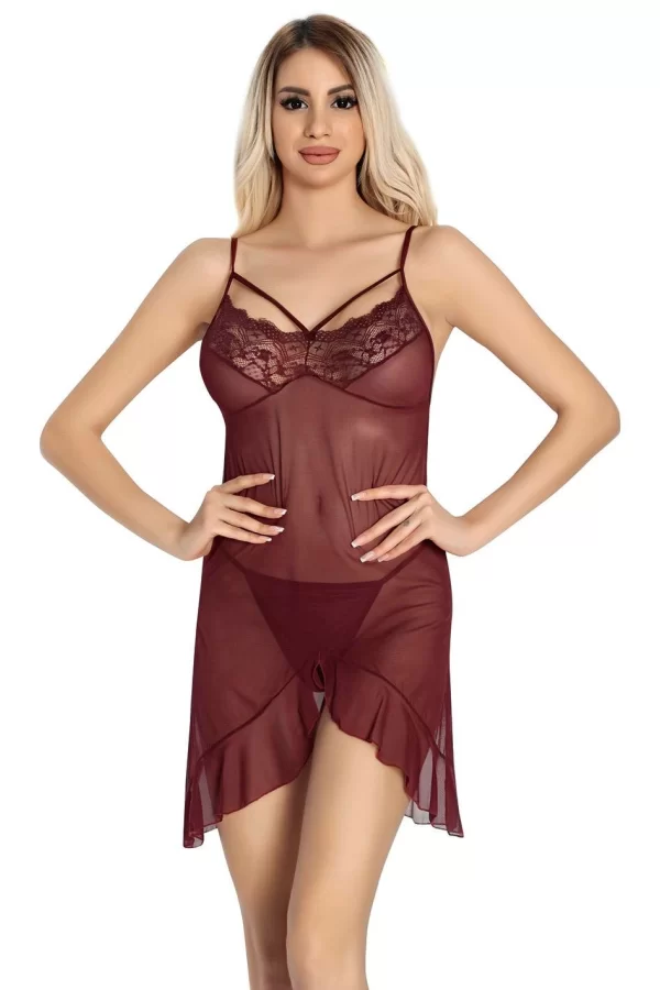 Luz&Pos Arias Closet Bordo Dantel İşlemeli Göğğüs İp Detaylı Fantezi Tül Gecelik