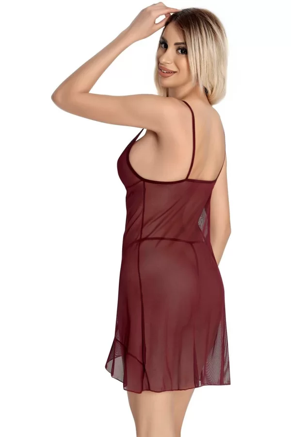 Luz&Pos Arias Closet Bordo Dantel İşlemeli Göğğüs İp Detaylı Fantezi Tül Gecelik