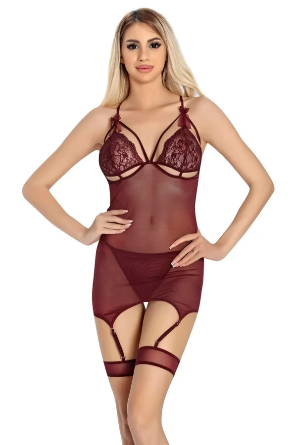 Luz&Pos Arias Closet Bordo Dantel İşlemeli Göğüs İp Detaylı Fantezi Jartiyer Takımı