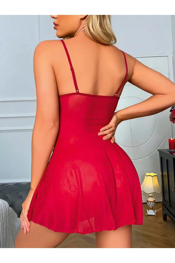 Luz&Pos Arias Closet Bordo Dantel İşlemeli Göğüs İp Detaylı Fantezi Tül Gecelik Takımı
