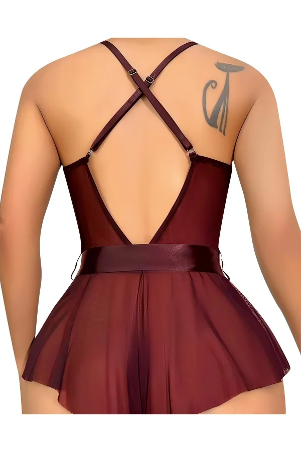 Luz&Pos Arias Closet Bordo Dantel İşlemeli Kurdelalı Fantezi Tül Babydoll