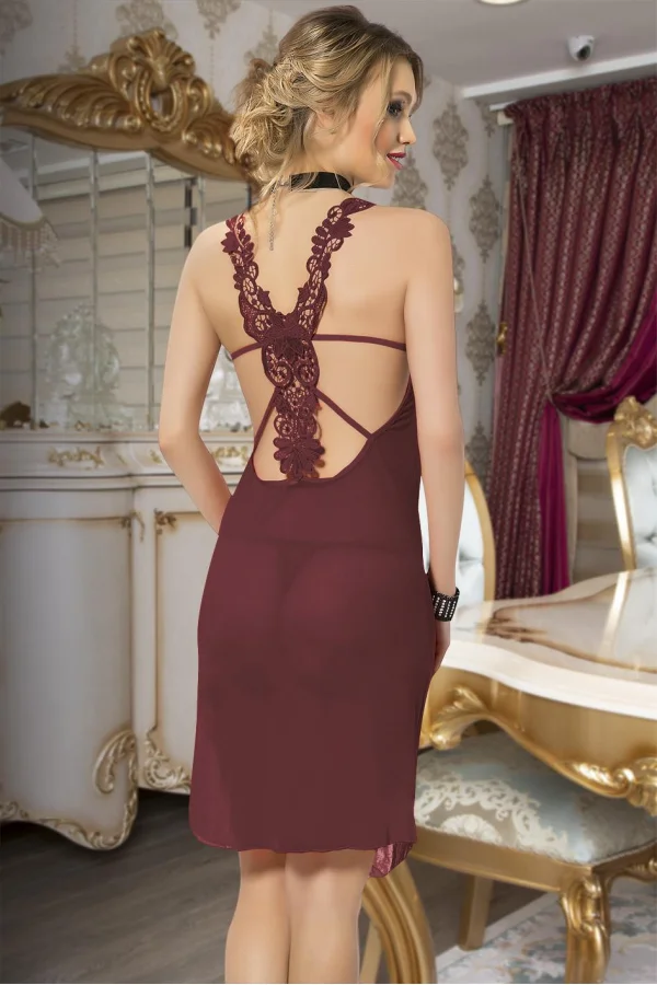 Luz&Pos Arias Closet Bordo Sırt Kısmı Dantel İşlemeli Fantezi Tül Gecelik