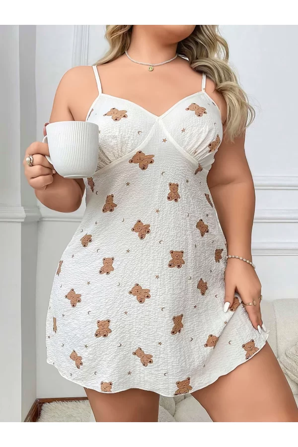 Luz&Pos Arias Closet Büyük Beden Ayıcık Desenli Pamuklu İnce Askılı Mini Gecelik