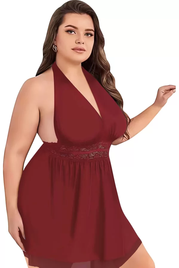 Luz&Pos Arias Closet Büyük Beden Bordo Dantel İşlemeli Boyundan Bağlamalı Fantezi Tül Gecelik