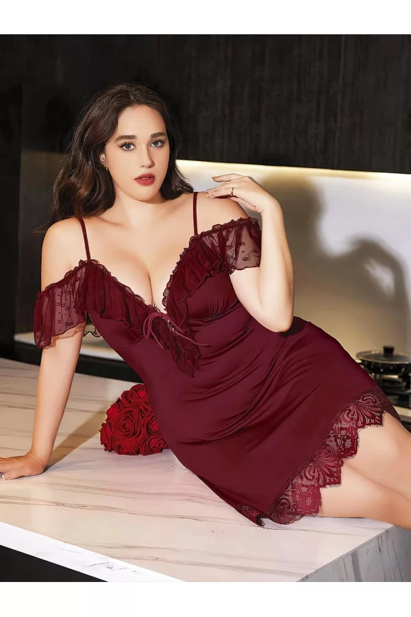 Luz&Pos Arias Closet Büyük Beden Bordo Dantel İşlemeli Omuz Detaylı Gecelik