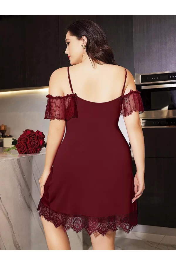 Luz&Pos Arias Closet Büyük Beden Bordo Dantel İşlemeli Omuz Detaylı Gecelik
