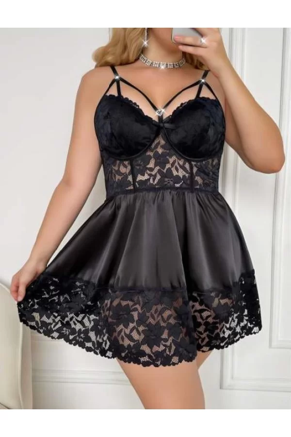 Luz&Pos Arias Closet Büyük Beden Dantel İşlemeli Göğüs İp Detaylı Siyah Saten Gecelik