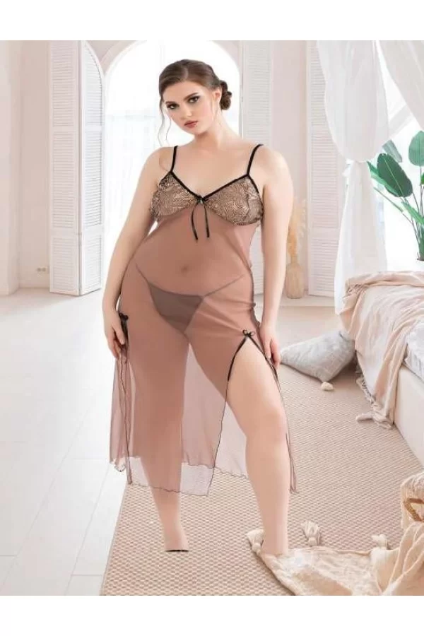 Luz&Pos Arias Closet Büyük Beden Kahverengi Tül Fantezi Uzun Yırtmaçlı Gecelik