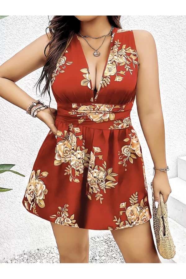 Luz&Pos Arias Closet Büyük Beden Kahverengi Üstüne Çiçek Desenli Sırt Detaylı Elbise