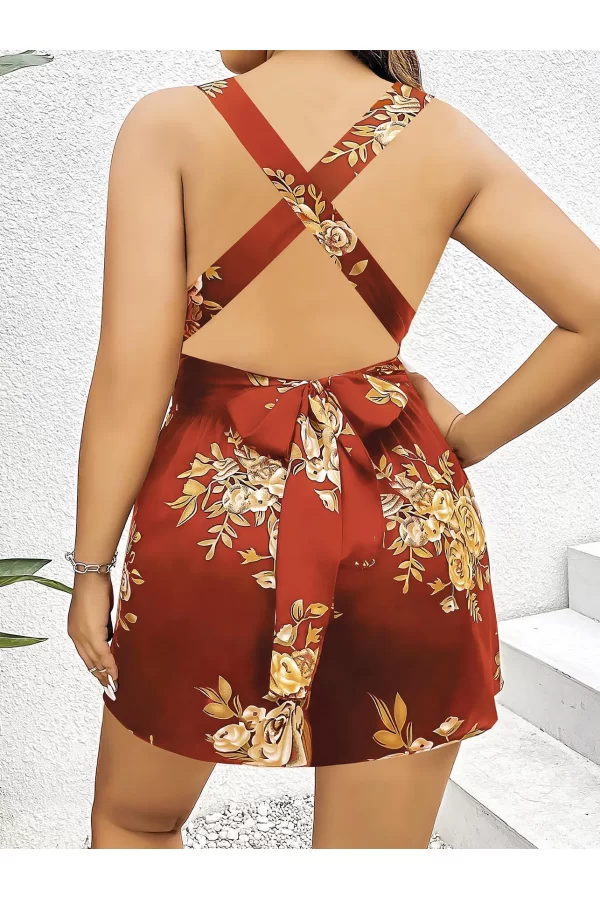 Luz&Pos Arias Closet Büyük Beden Kahverengi Üstüne Çiçek Desenli Sırt Detaylı Elbise