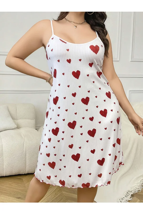 Luz&Pos Arias Closet Büyük Beden Kalp Desen Pamuklu İnce Askılı Uzun Gecelik