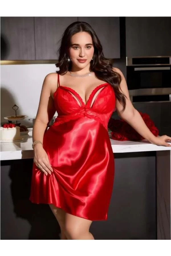 Luz&Pos Arias Closet Büyük Beden Kırmızı Dantel Detaylı Saten Gecelik
