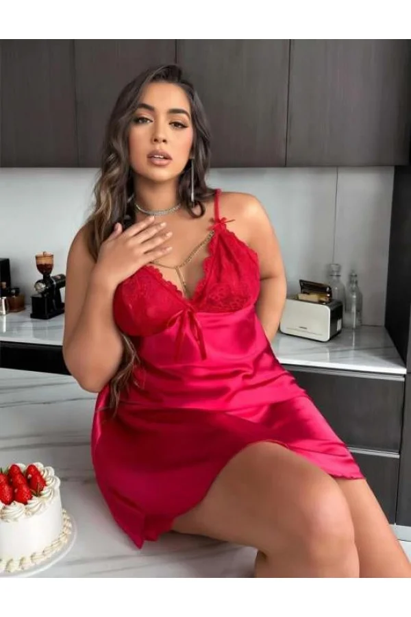 Luz&Pos Arias Closet Büyük Beden Kırmızı Dantel İşlemeli Saten Gecelik