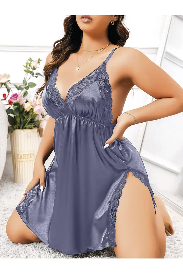 Luz&Pos Arias Closet Büyük Beden Lacivert Dantel İşlemeli İnce Askılı Saten Fantezi Gecelik