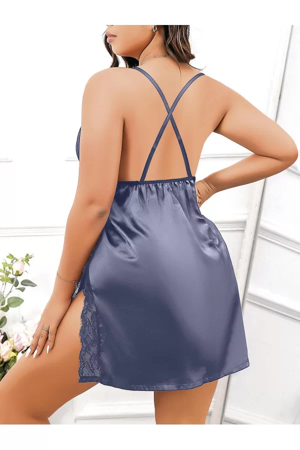 Luz&Pos Arias Closet Büyük Beden Lacivert Dantel İşlemeli İnce Askılı Saten Fantezi Gecelik