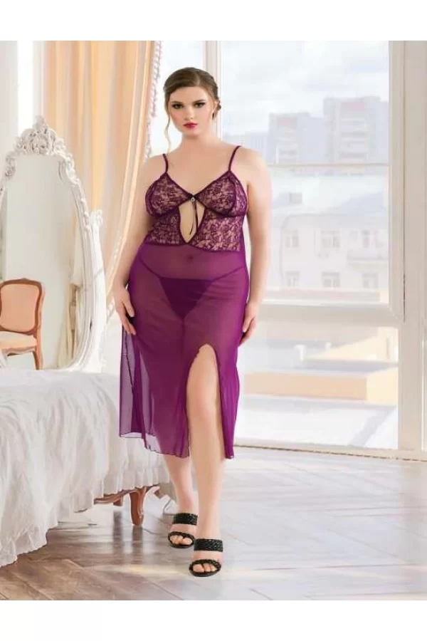 Luz&Pos Arias Closet Büyük Beden Mor Dantelli Tül Fantezi Uzun Yırtmaçlı Gecelik