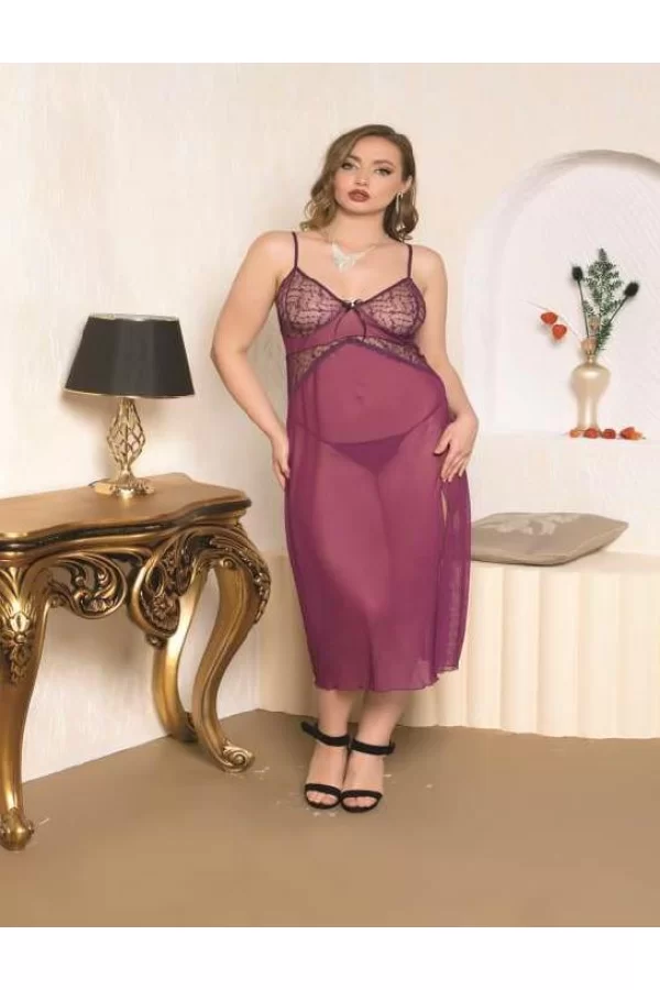 Luz&Pos Arias Closet Büyük Beden Mor Tül Fantezi Uzun Yırtmaçlı Gecelik