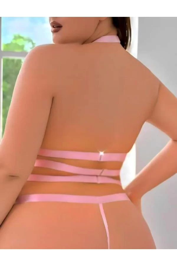 Luz&Pos Arias Closet Büyük Beden Pembe Dantel İşlemeli Zincir Detaylı Jartiyer Takımı