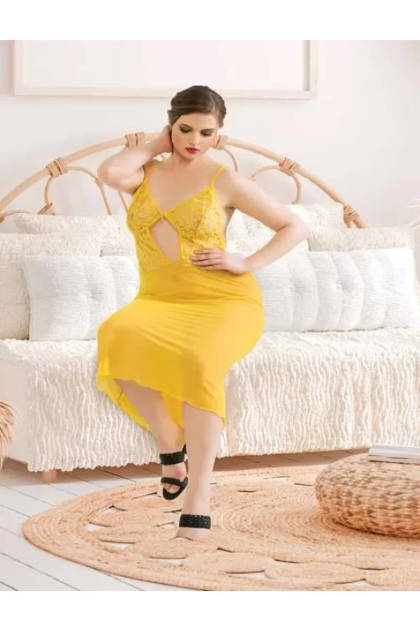 Luz&Pos Arias Closet Büyük Beden Sarı Dantelli Tül Fantezi Uzun Yırtmaçlı Gecelik