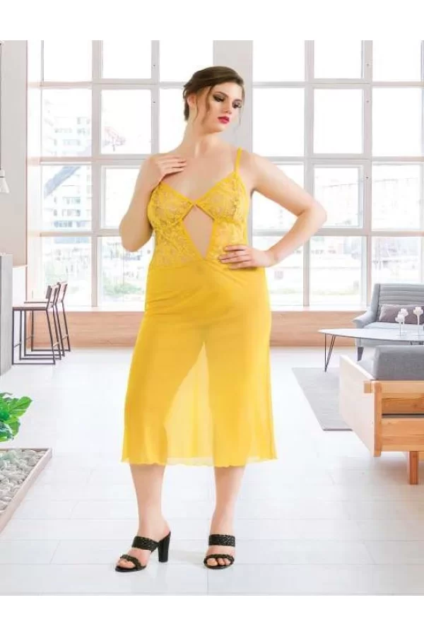 Luz&Pos Arias Closet Büyük Beden Sarı Dantelli Tül Fantezi Uzun Yırtmaçlı Gecelik