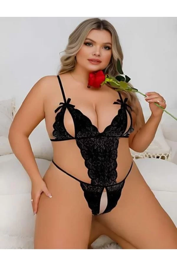 Luz&Pos Arias Closet Büyük Beden Siyah Dantel İşlemeli Dekolteli Fantezi Babydoll