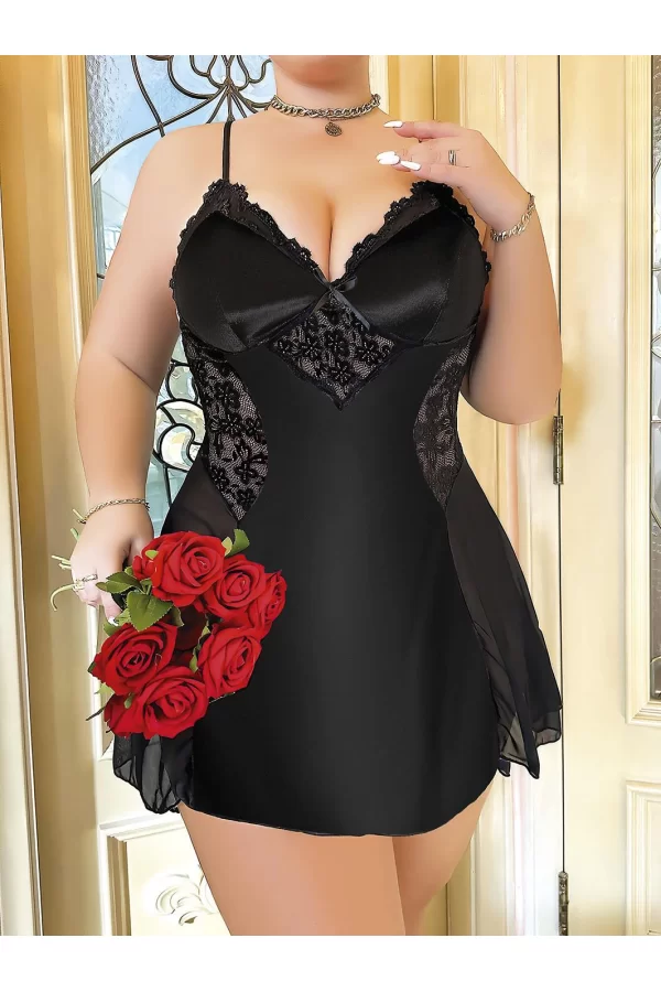Luz&Pos Arias Closet Büyük Beden Siyah Dantel İşlemeli İnce Askılı Saten Gecelik