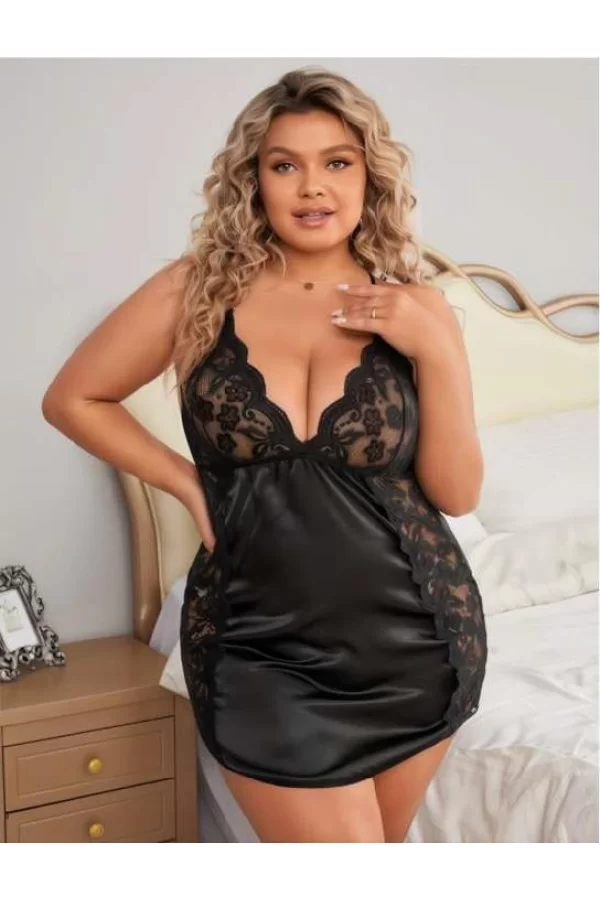 Luz&Pos Arias Closet Büyük Beden Siyah Dantel İşlemeli Saten Gecelik