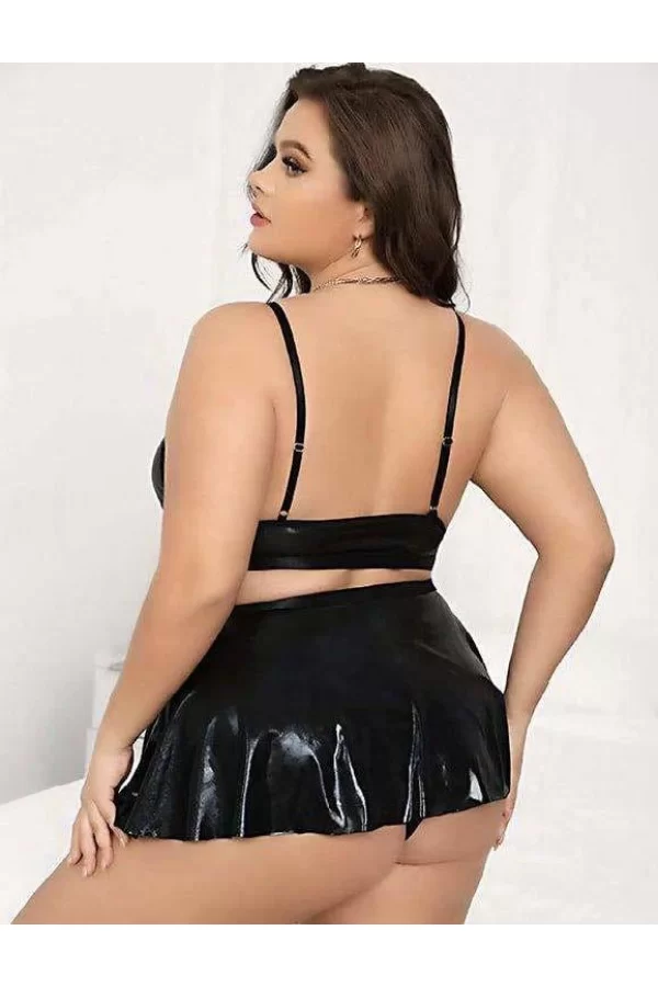 Luz&Pos Arias Closet Büyük Beden Siyah Deri Etekli Fantezi Takım