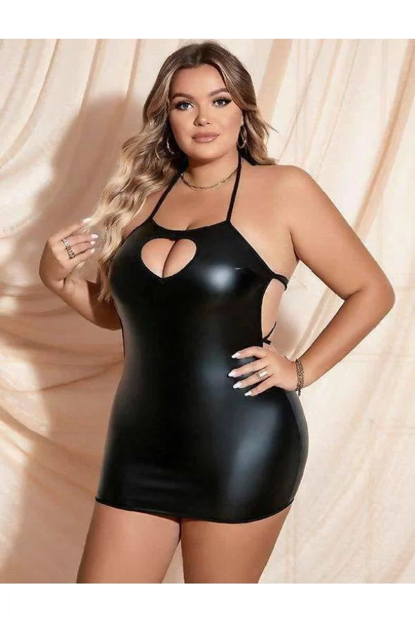 Luz&Pos Arias Closet Büyük Beden Siyah Deri Göğüs Dekolteli Fantezi Elbise