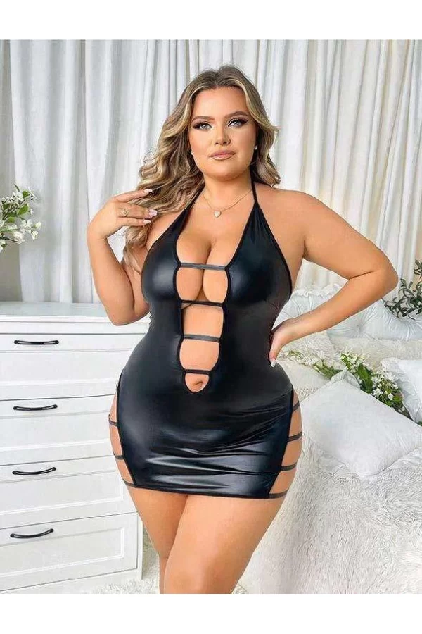Luz&Pos Arias Closet Büyük Beden Siyah Deri İp Detaylı Fantezi Elbise