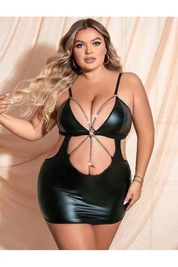 Luz&Pos Arias Closet Büyük Beden Siyah Deri Zincir Aksesuarlı Fantezi Elbise