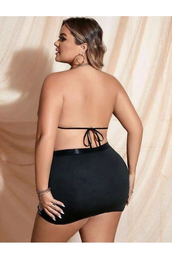 Luz&Pos Arias Closet Büyük Beden Siyah Deri Zincir Detaylı Etekli Fantezi Takım
