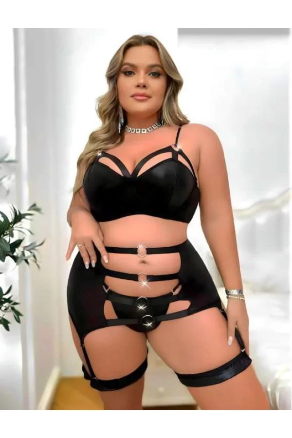 Luz&Pos Arias Closet Büyük Beden Siyah Halkalı Fantezi Jartiyer Takımı