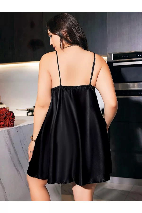 Luz&Pos Arias Closet Büyük Beden Siyah Kelebek Desenli İnce Askılı Saten Gecelik