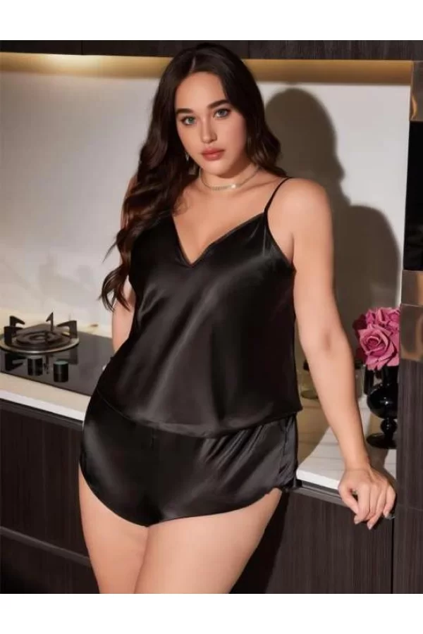 Luz&Pos Arias Closet Büyük Beden Siyah Saten Şortlu Takım